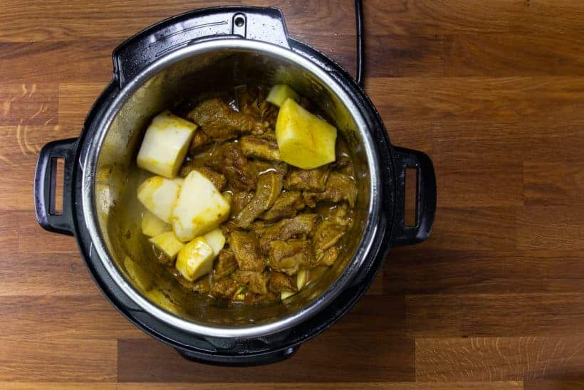 Instant Pot HK Beef Curry (咖喱牛腩): add chicken stock, potato chunks in Instant Pot Pressure Cooker