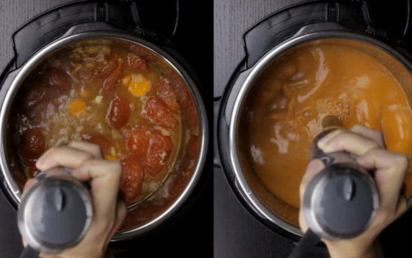 Instant Pot Tomato Soup Recipe (Pressure Cooker Tomato Soup): blend pressure cooked tomatoes with immersion hand blender