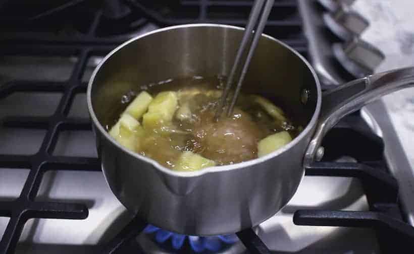 Instant Pot Tofu Pudding Recipe (Pressure Cooker Dou Hua 免石膏粉豆腐花): prepare ginger syrup in saucepan on stovetop with ginger, rock sugar, brown sugar, and water