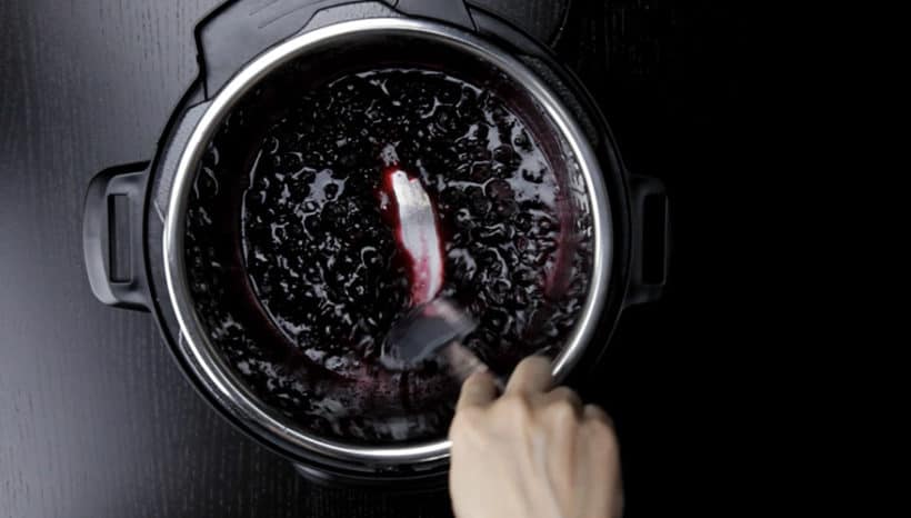 How to make Instant Pot Blueberry Compote Recipe (Pressure Cooker Blueberry Compote): stir, smash, add remaining blueberries, add sweetener, stir to thicken.