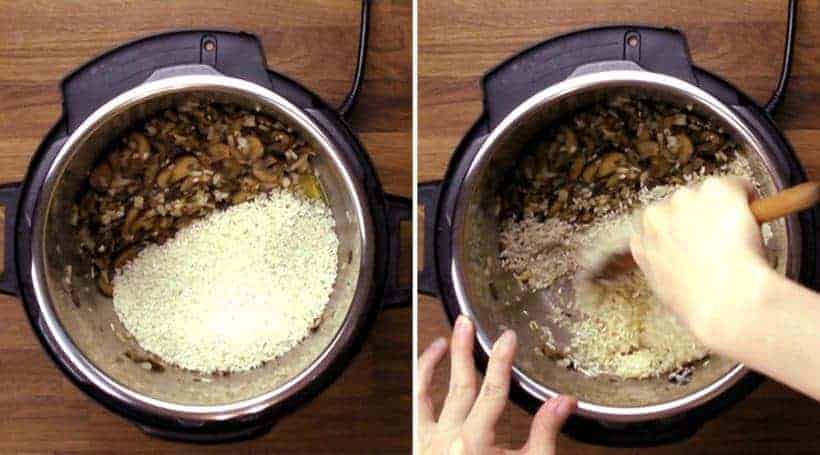 Instant Pot Mushroom Risotto Recipe (Pressure Cooker Mushroom Risotto): add arborio rice and stir in oil