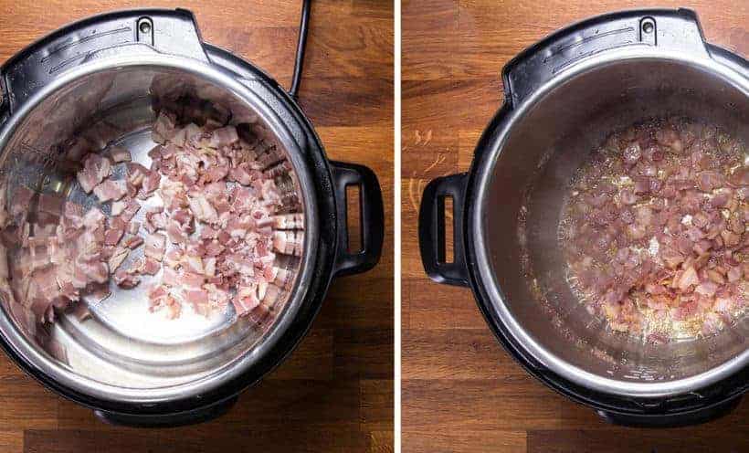 Instant Pot Loaded Refried Beans: crisp bacon in Instant Pot Pressure Cooker