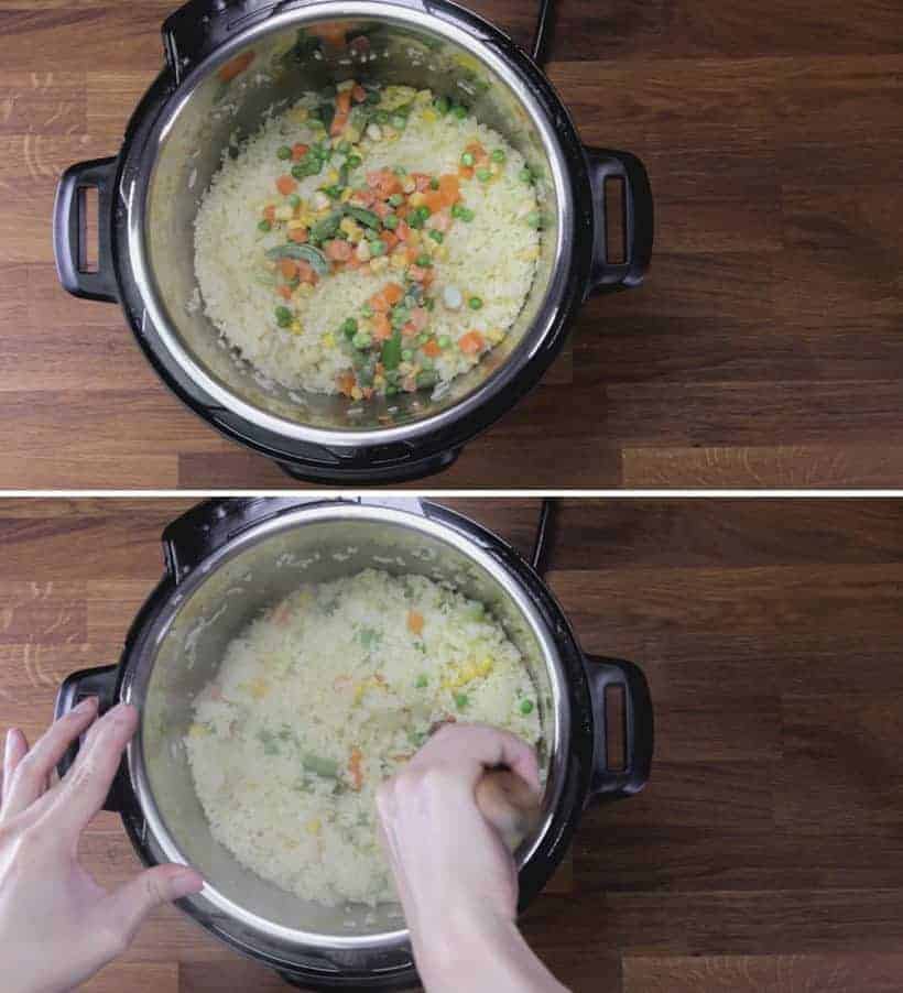 Instant Pot Fried Rice (Pressure Cooker Fried Rice) Recipe: add thawed frozen vegetables in Instant Pot Egg Fried Rice