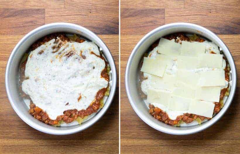 Instant Pot Lasagna: layer Ricotta cheese mixture on spaghetti sauce, then shredded mozzarella cheese in Instant Pot Pressure Cooker