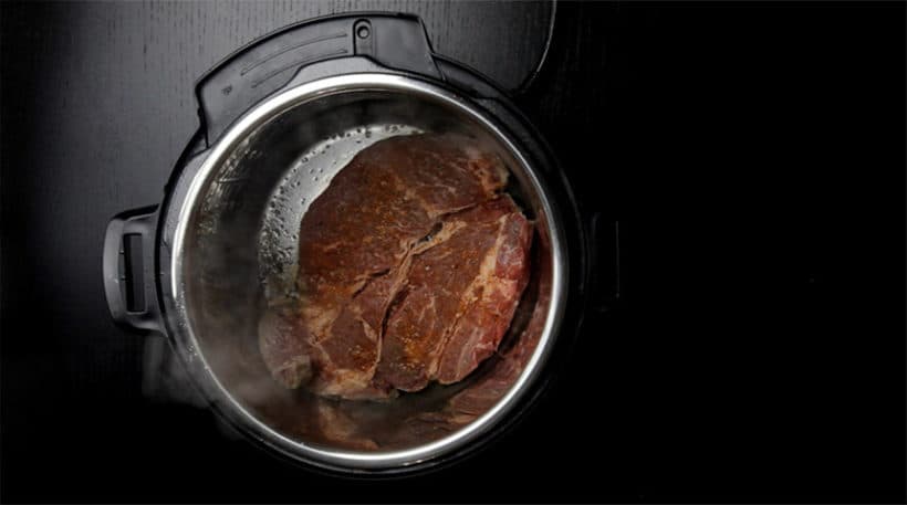 Make Umami Instant Pot Beef Stroganoff Recipe (Pressure Cooker Beef Stroganoff): browning chuck steak in Instant Pot Pressure Cooker