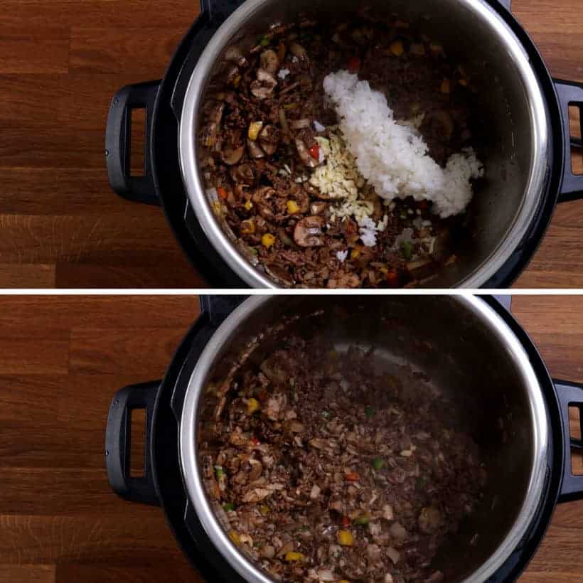 Add cooked rice to ground beef stuffings in Instant Pot Pressure Cooker  #AmyJacky #InstantPot #PressureCooker #recipe #beef #rice