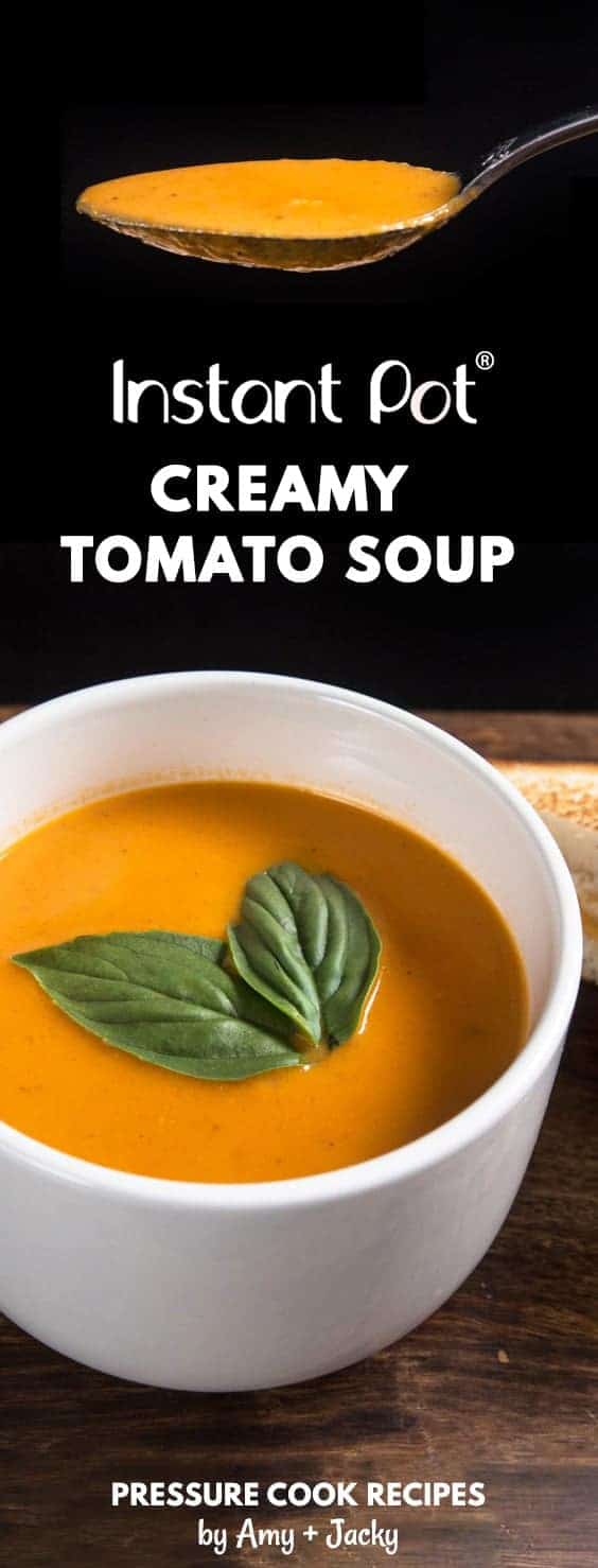 Make this Creamy Instant Pot Tomato Soup Recipe (Pressure Cooker Tomato Soup)! This homemade tomato basil soup from scratch (with vegan option) is healthy, super easy to make, and freezer-friendly. Perfect dip for the toasted golden grilled cheese.