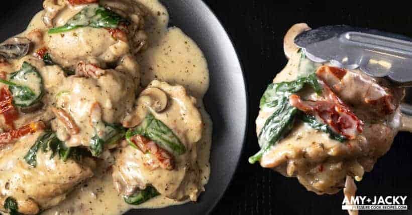 Creamy Instant Pot Tuscan Chicken Recipe (Pressure Cooker Tuscan Garlic Chicken): Make Italian-inspired tender chicken in simple yet richly balanced creamy garlic sauce with caramelized mushrooms and sweet sun-dried tomatoes. Crazy satisfying easy weeknight meal! #instantpot #instapot #pressurecooker #powerpressurecooker #instantpotrecipes #recipes #italianrecipes #chicken