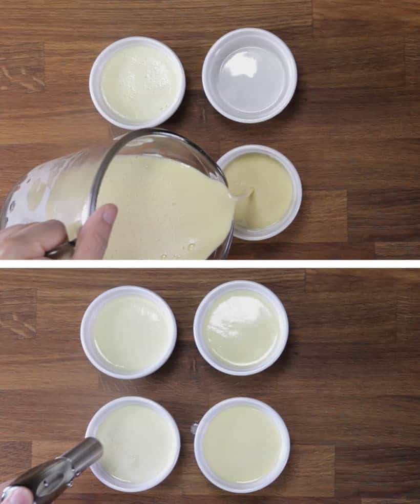 Instant Pot Creme Brulee: pour cream mixture in ramekins, then remove air bubbles