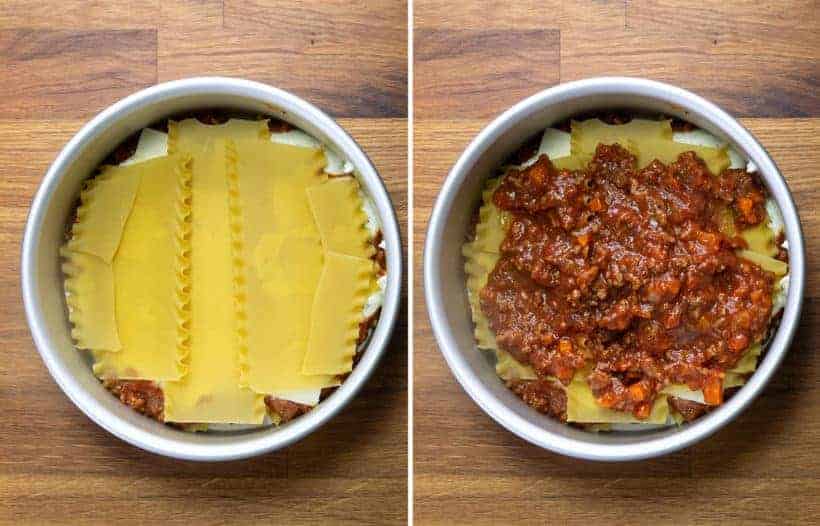Instant Pot Lasagna: layer lasagna noodles, sauce, ricotta cheese, mozzarella cheese in springform pan