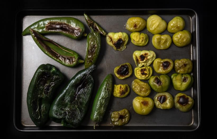 Roasted tomatillos, jalapeno, poblano peppers, serrano peppers, anaheim peppers