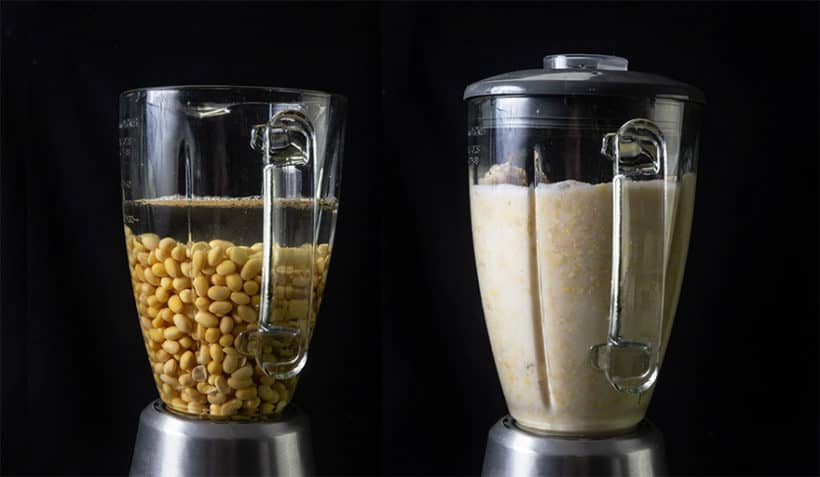 Make 3-Ingredient Fresh Instant Pot Soy Milk Recipe (Pressure Cooker Soy Milk 豆漿, 豆奶): blend soaked soybeans in vitamix blender with cold water until smooth